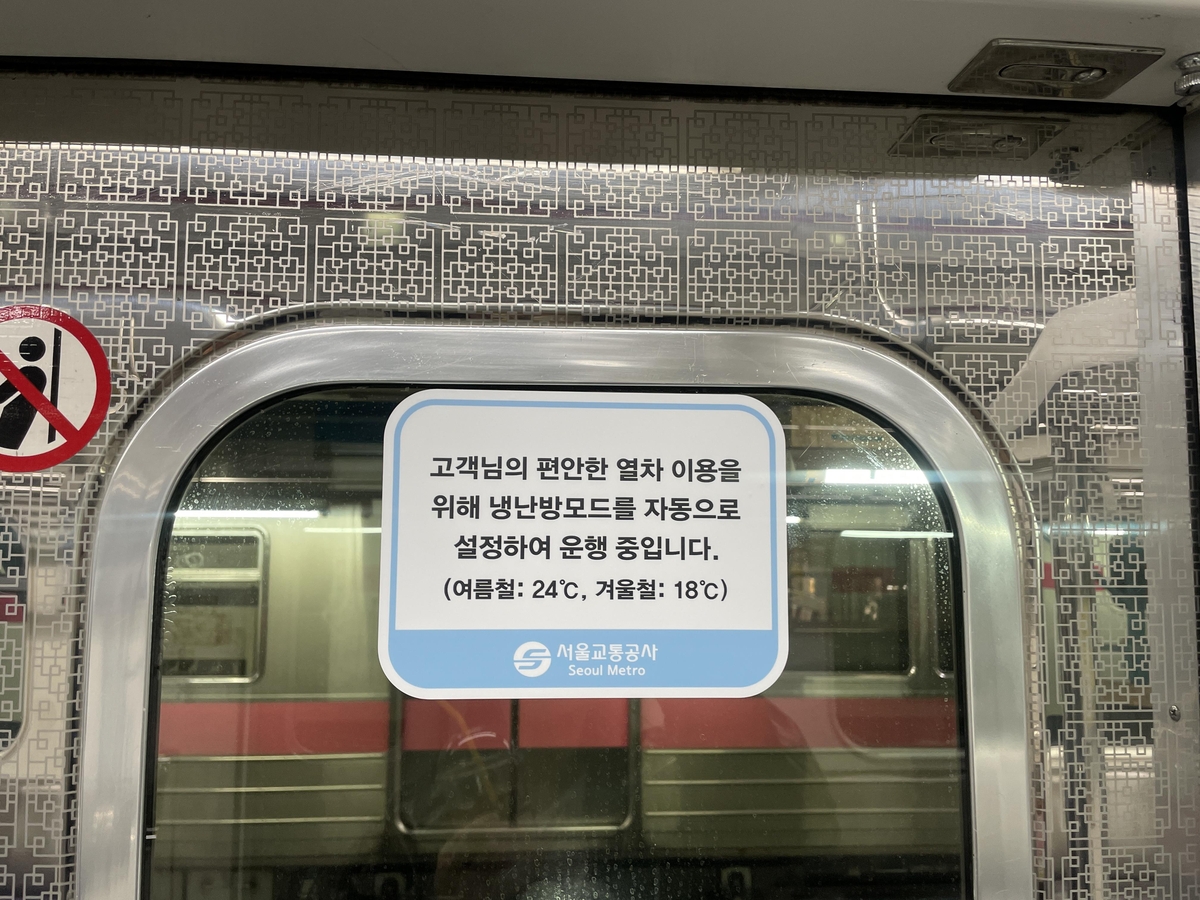 서울 지하철 8호선에 부착된 냉난방 온도유지 안내문