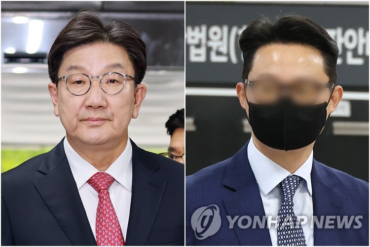 국민의힘 권성동 의원(왼쪽)과 윤영호 전 통일교 세계본부장